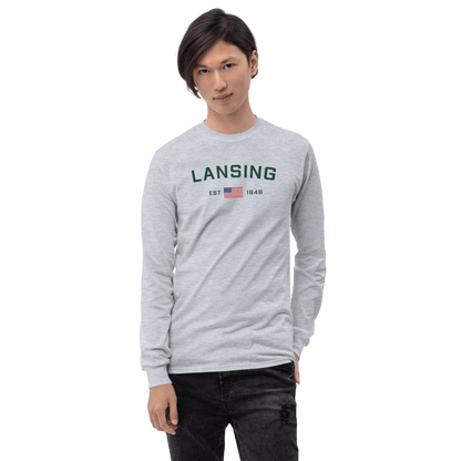 'Lansing EST 1848' T-Shirt (w/USA Flag Outline) | Unisex Long Sleeve - Circumspice Michigan