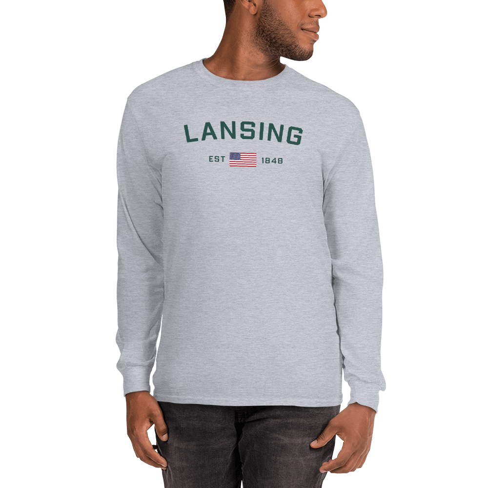 'Lansing EST 1848' T-Shirt (w/USA Flag Outline) | Unisex Long Sleeve - Circumspice Michigan