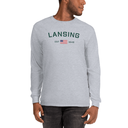 'Lansing EST 1848' T-Shirt (w/USA Flag Outline) | Unisex Long Sleeve - Circumspice Michigan