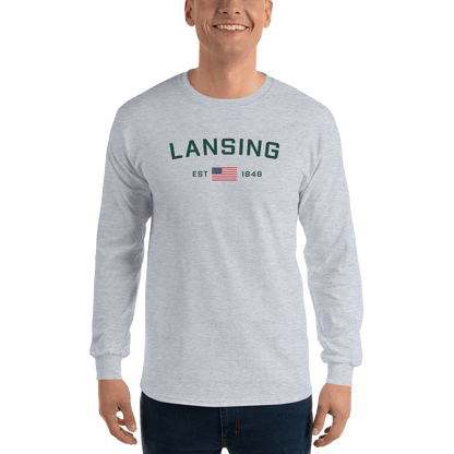 'Lansing EST 1848' T-Shirt (w/USA Flag Outline) | Unisex Long Sleeve - Circumspice Michigan