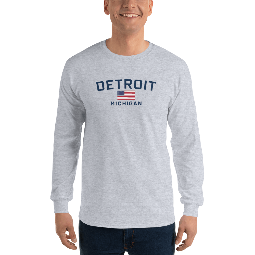 'Detroit Michigan' T-Shirt (w/USA Flag Outline) | Unisex Long Sleeve - Circumspice Michigan