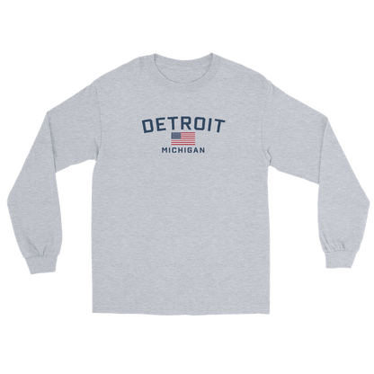 'Detroit Michigan' T-Shirt (w/USA Flag Outline) | Unisex Long Sleeve - Circumspice Michigan