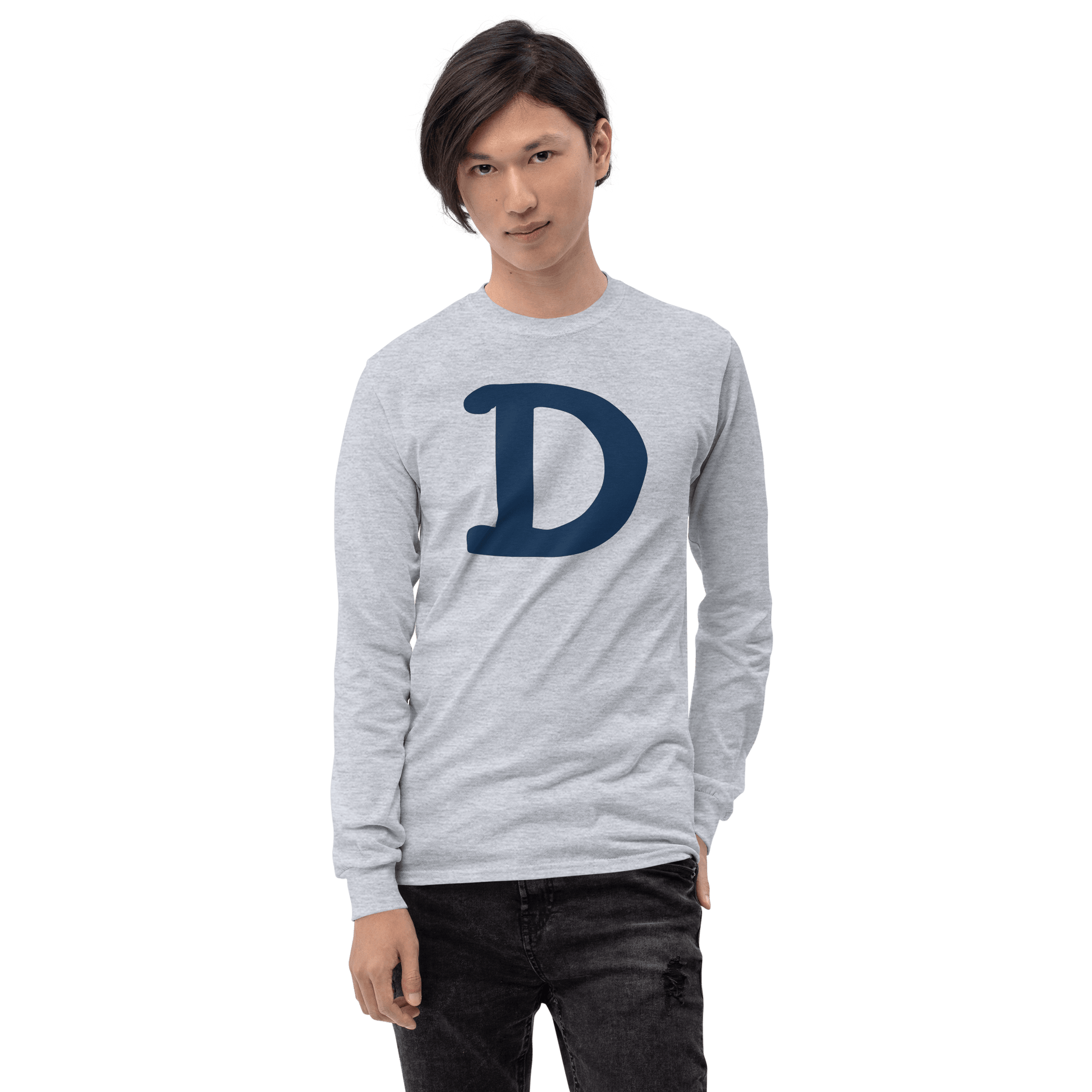 Detroit 'Old French D' T-Shirt (White/Navy Full Body Outline) | Unisex Long Sleeve - Circumspice Michigan