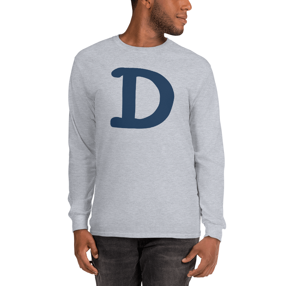 Detroit 'Old French D' T-Shirt (White/Navy Full Body Outline) | Unisex Long Sleeve - Circumspice Michigan