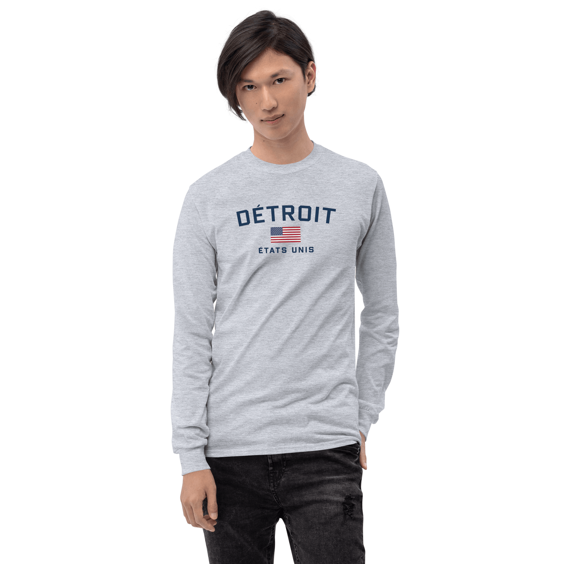 'Détroit États Unis' T-Shirt (w/USA Flag Outline) | Unisex Long Sleeve - Circumspice Michigan