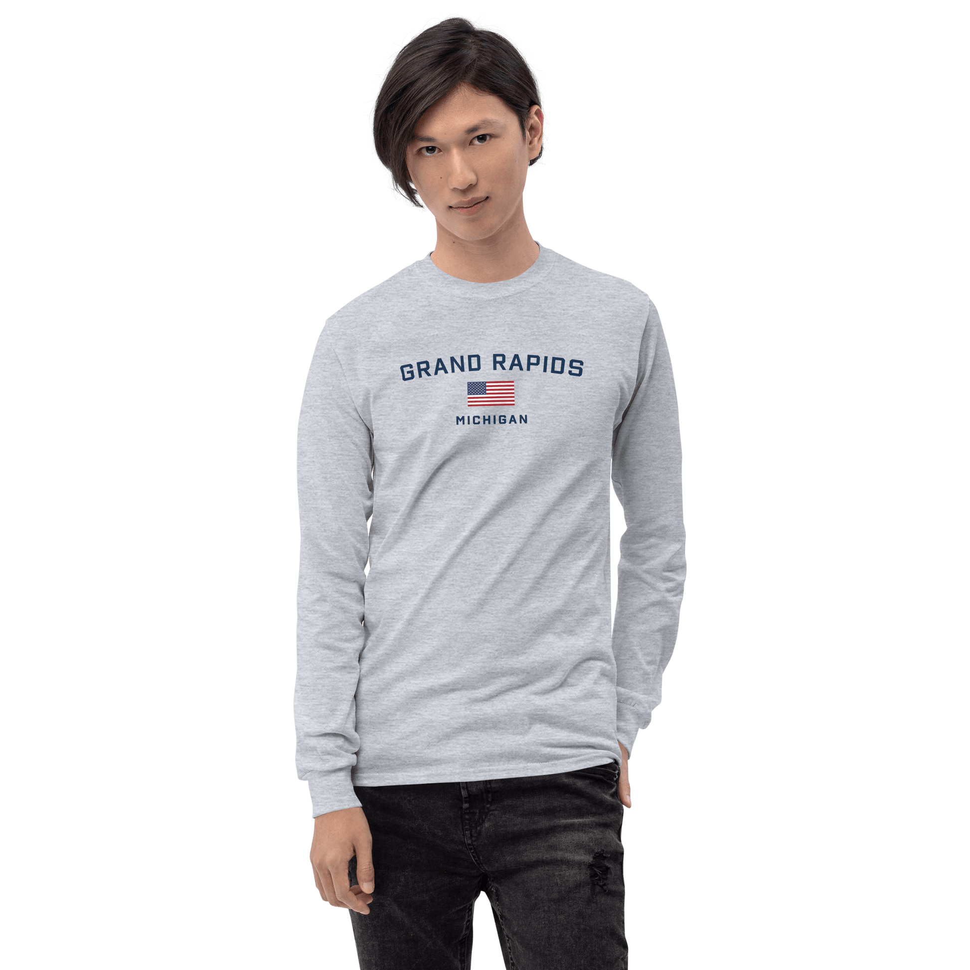 'Grand Rapids Michigan' T-Shirt (w/USA Flag Outline) | Unisex Long Sleeve - Circumspice Michigan