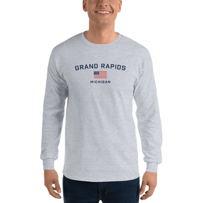 'Grand Rapids Michigan' T-Shirt (w/USA Flag Outline) | Unisex Long Sleeve - Circumspice Michigan