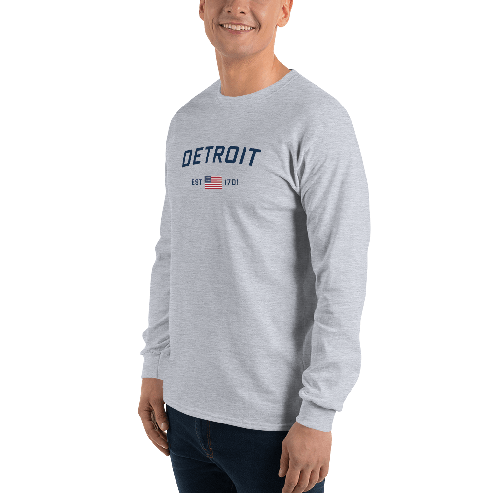 'Detroit EST 1701' T-Shirt (w/ USA Flag Outline) | Unisex Long Sleeve - Circumspice Michigan