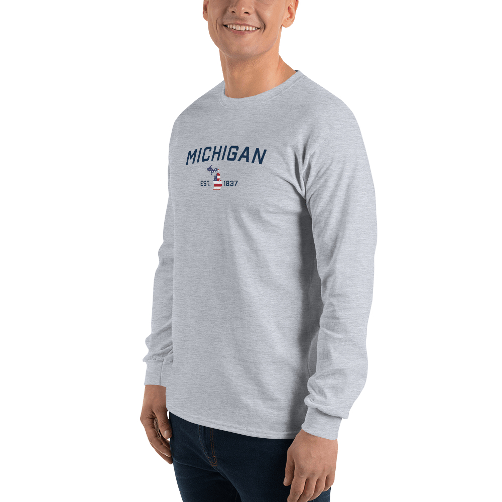 'Michigan EST 1837'  T-Shirt (w/ MI USA Flag Outline) | Unisex Long Sleeve - Circumspice Michigan