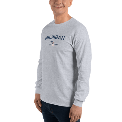 'Michigan EST 1837'  T-Shirt (w/ MI USA Flag Outline) | Unisex Long Sleeve - Circumspice Michigan