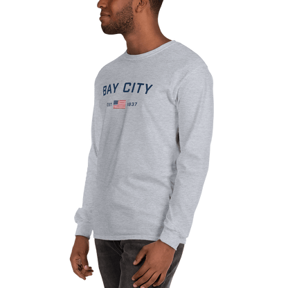 'Bay City EST 1837' T-Shirt (w/ USA Flag Outline) | Unisex Long Sleeve - Circumspice Michigan