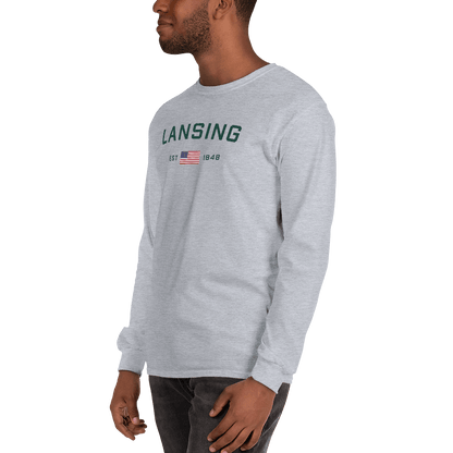 'Lansing EST 1848' T-Shirt (w/USA Flag Outline) | Unisex Long Sleeve - Circumspice Michigan