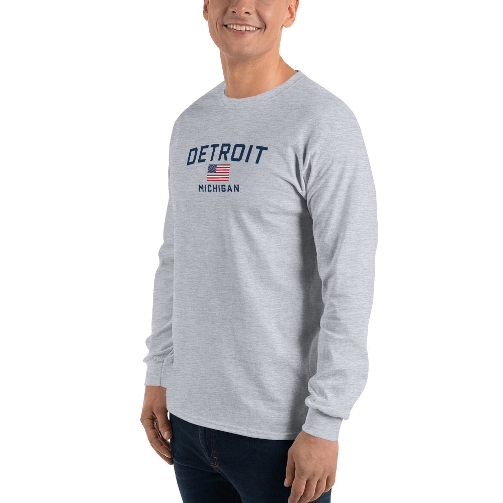 'Detroit Michigan' T-Shirt (w/USA Flag Outline) | Unisex Long Sleeve - Circumspice Michigan