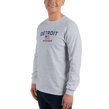 'Detroit Michigan' T-Shirt (w/USA Flag Outline) | Unisex Long Sleeve - Circumspice Michigan