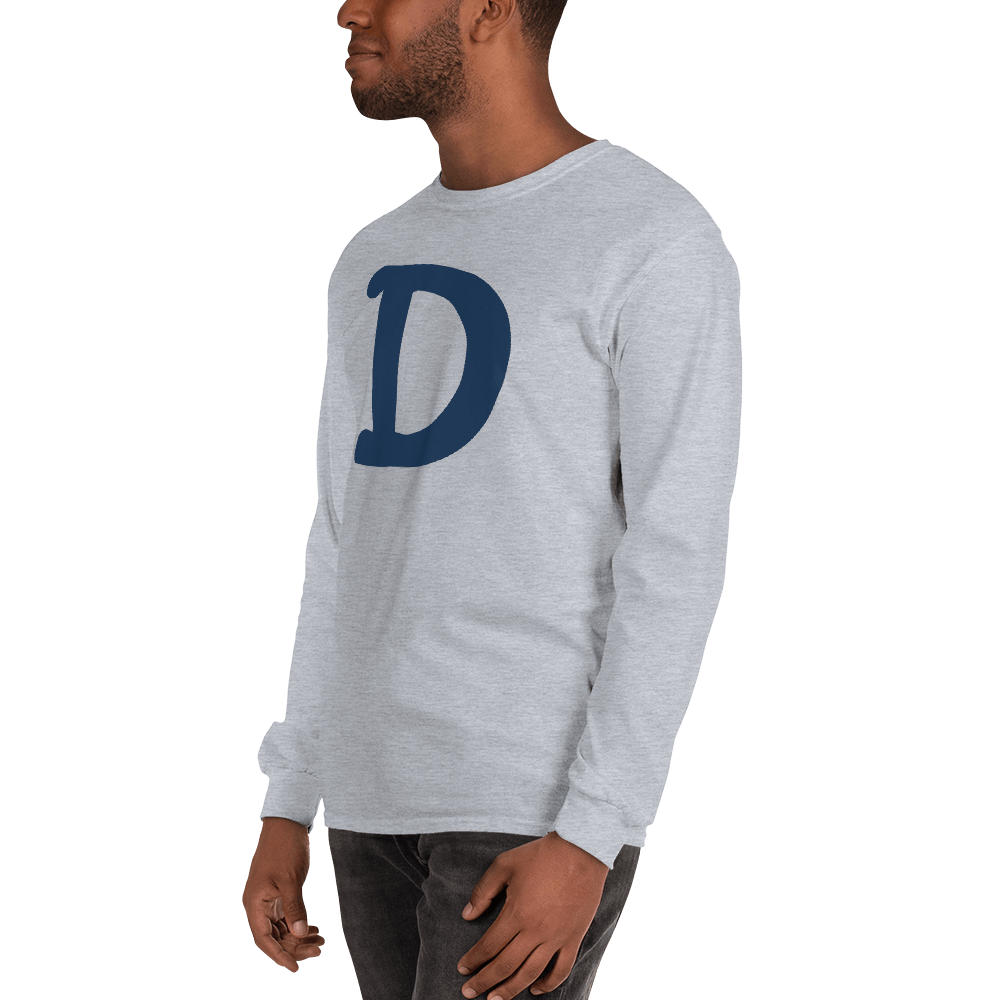 Detroit 'Old French D' T-Shirt (White/Navy Full Body Outline) | Unisex Long Sleeve - Circumspice Michigan