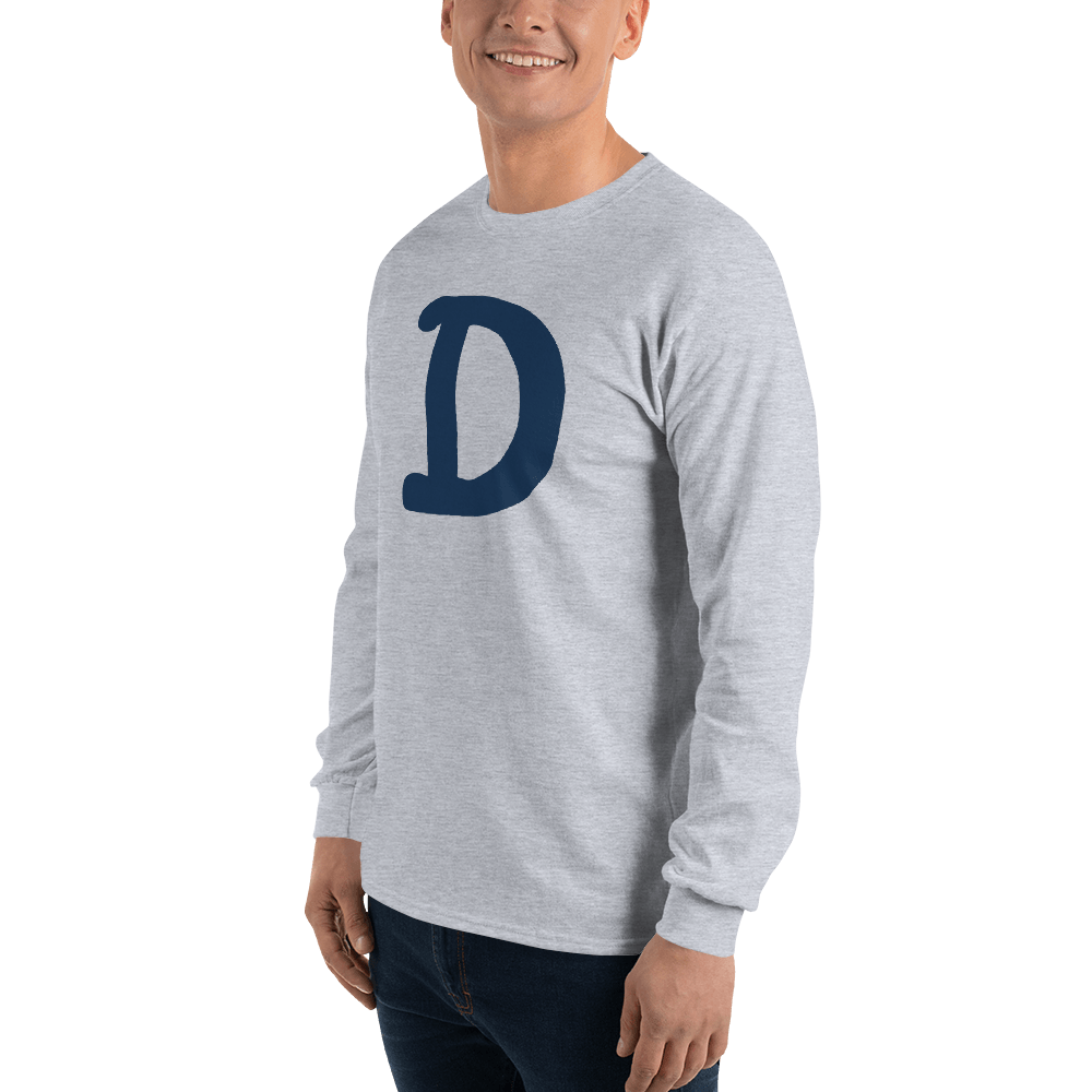 Detroit 'Old French D' T-Shirt (White/Navy Full Body Outline) | Unisex Long Sleeve - Circumspice Michigan