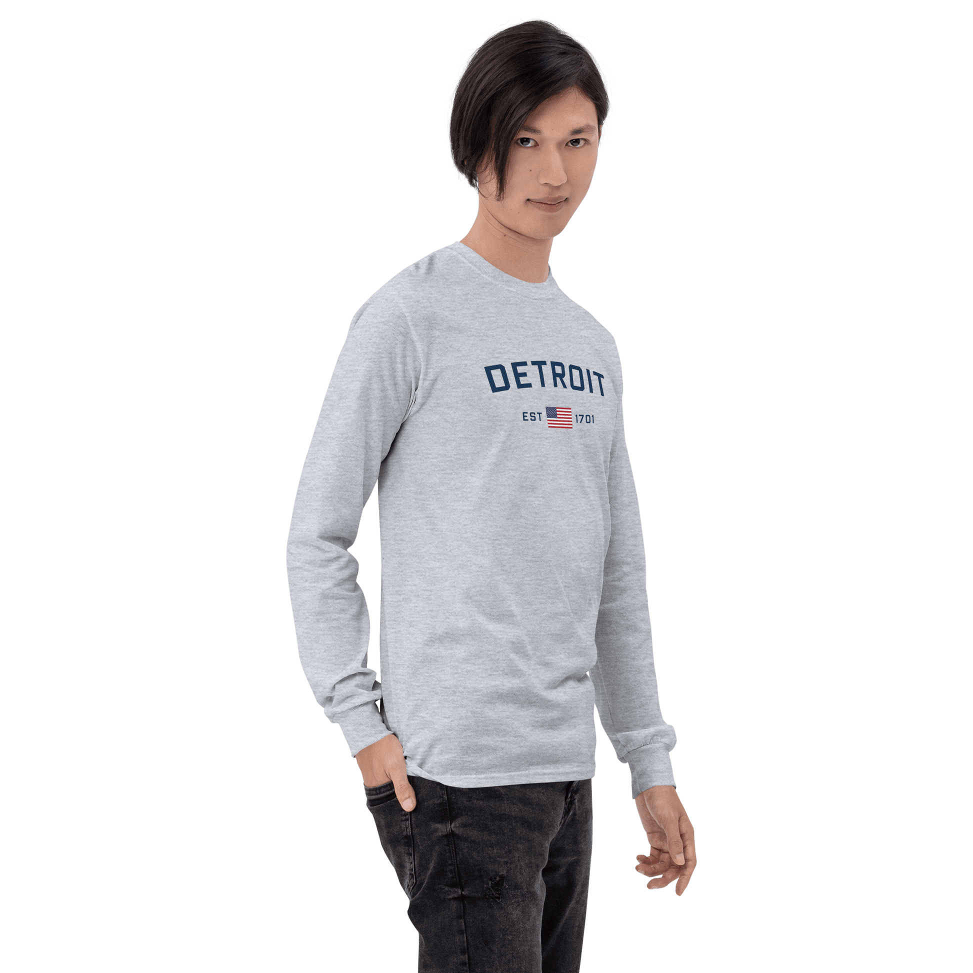 'Detroit EST 1701' T-Shirt (w/ USA Flag Outline) | Unisex Long Sleeve - Circumspice Michigan