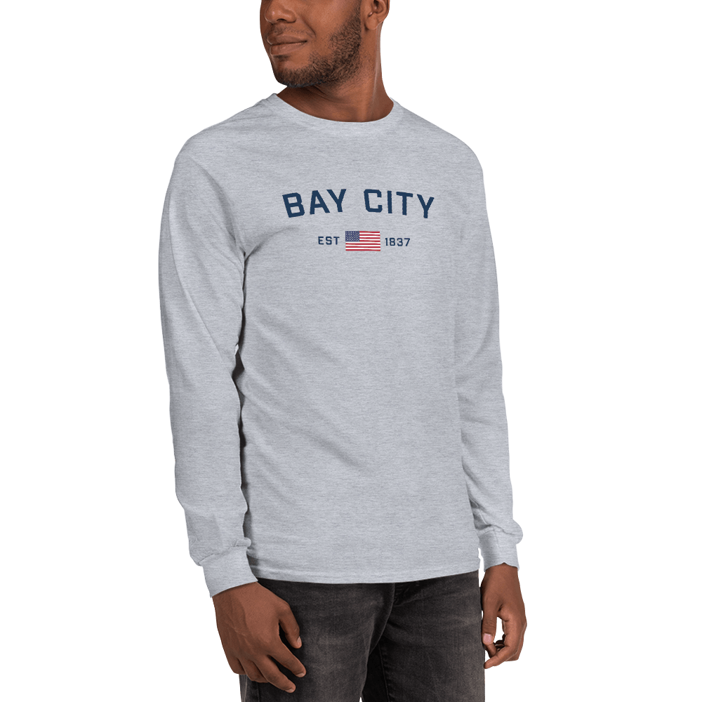 'Bay City EST 1837' T-Shirt (w/ USA Flag Outline) | Unisex Long Sleeve - Circumspice Michigan