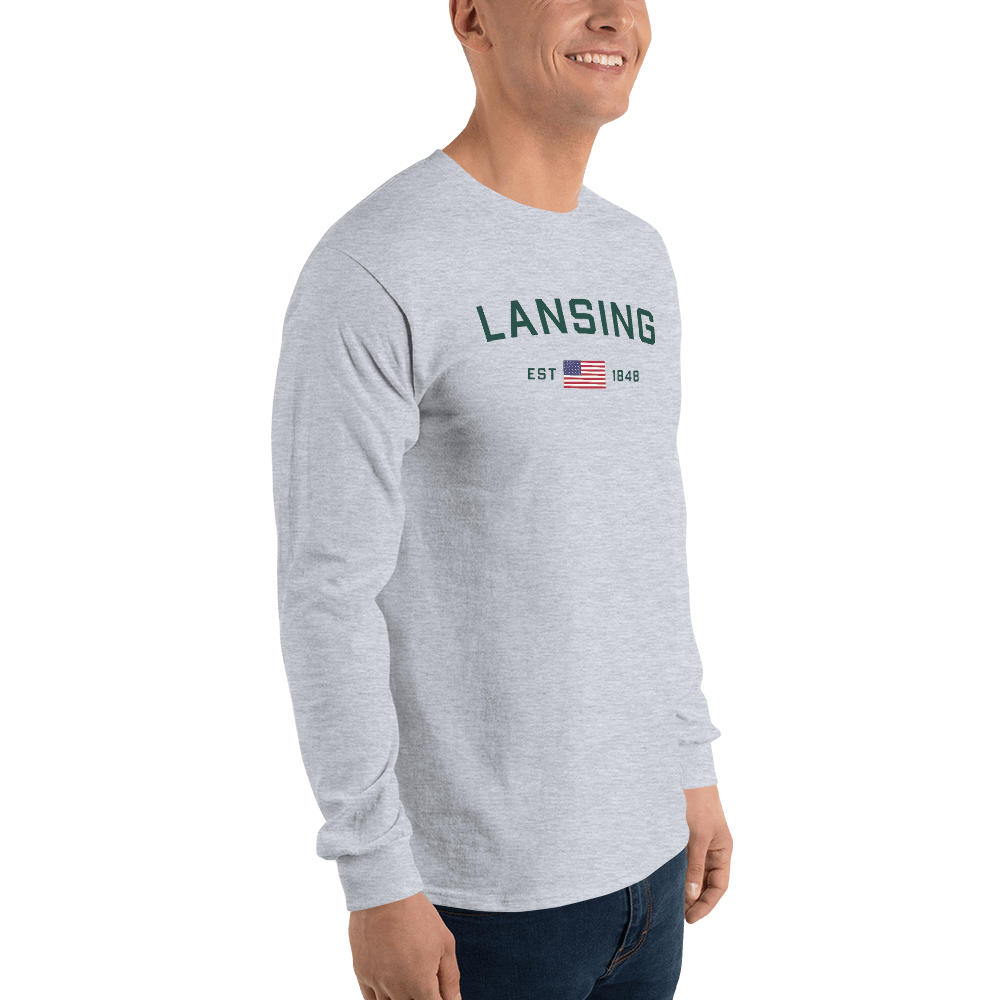 'Lansing EST 1848' T-Shirt (w/USA Flag Outline) | Unisex Long Sleeve - Circumspice Michigan