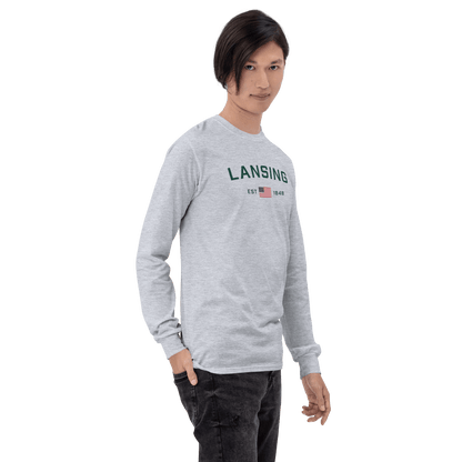 'Lansing EST 1848' T-Shirt (w/USA Flag Outline) | Unisex Long Sleeve - Circumspice Michigan