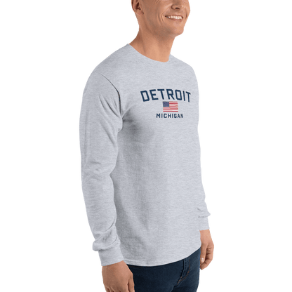 'Detroit Michigan' T-Shirt (w/USA Flag Outline) | Unisex Long Sleeve - Circumspice Michigan