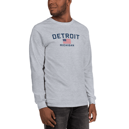 'Detroit Michigan' T-Shirt (w/USA Flag Outline) | Unisex Long Sleeve - Circumspice Michigan