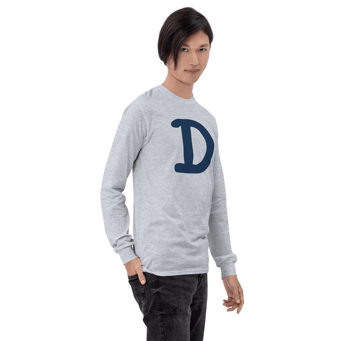 Detroit 'Old French D' T-Shirt (White/Navy Full Body Outline) | Unisex Long Sleeve - Circumspice Michigan