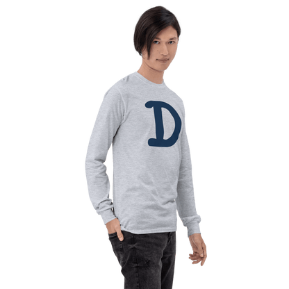 Detroit 'Old French D' T-Shirt (White/Navy Full Body Outline) | Unisex Long Sleeve - Circumspice Michigan