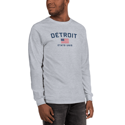 'Détroit États Unis' T-Shirt (w/USA Flag Outline) | Unisex Long Sleeve - Circumspice Michigan