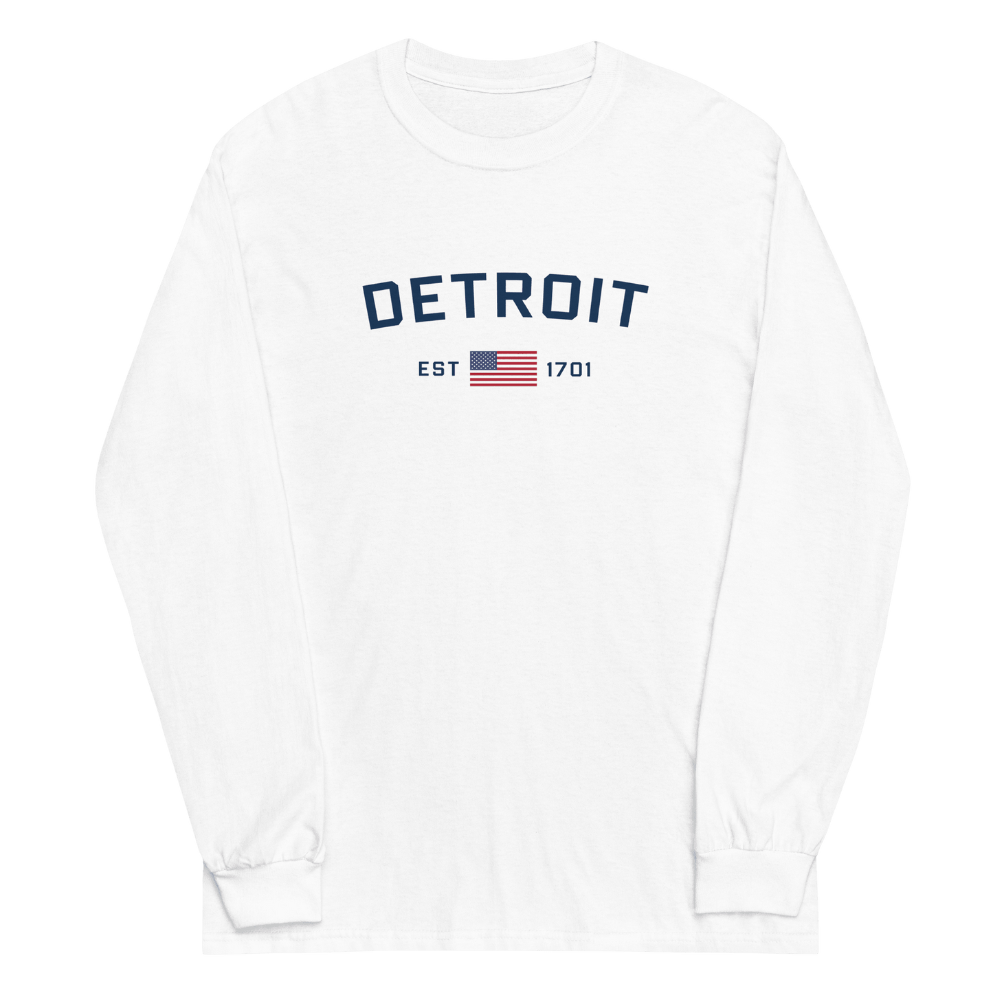 'Detroit EST 1701' T-Shirt (w/ USA Flag Outline) | Unisex Long Sleeve - Circumspice Michigan