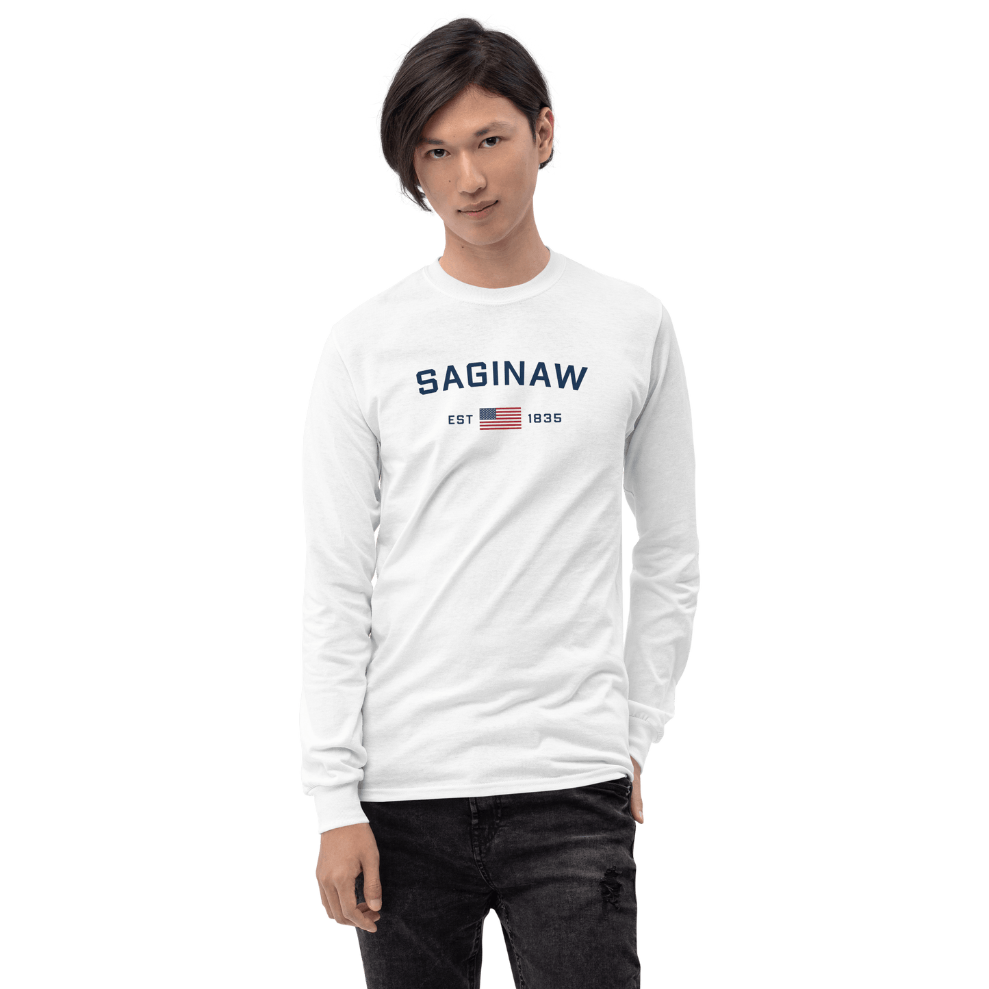 'Saginaw EST 1835' T-Shirt (w/USA Flag Outline) | Unisex Long Sleeve - Circumspice Michigan