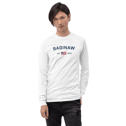 'Saginaw EST 1835' T-Shirt (w/USA Flag Outline) | Unisex Long Sleeve - Circumspice Michigan