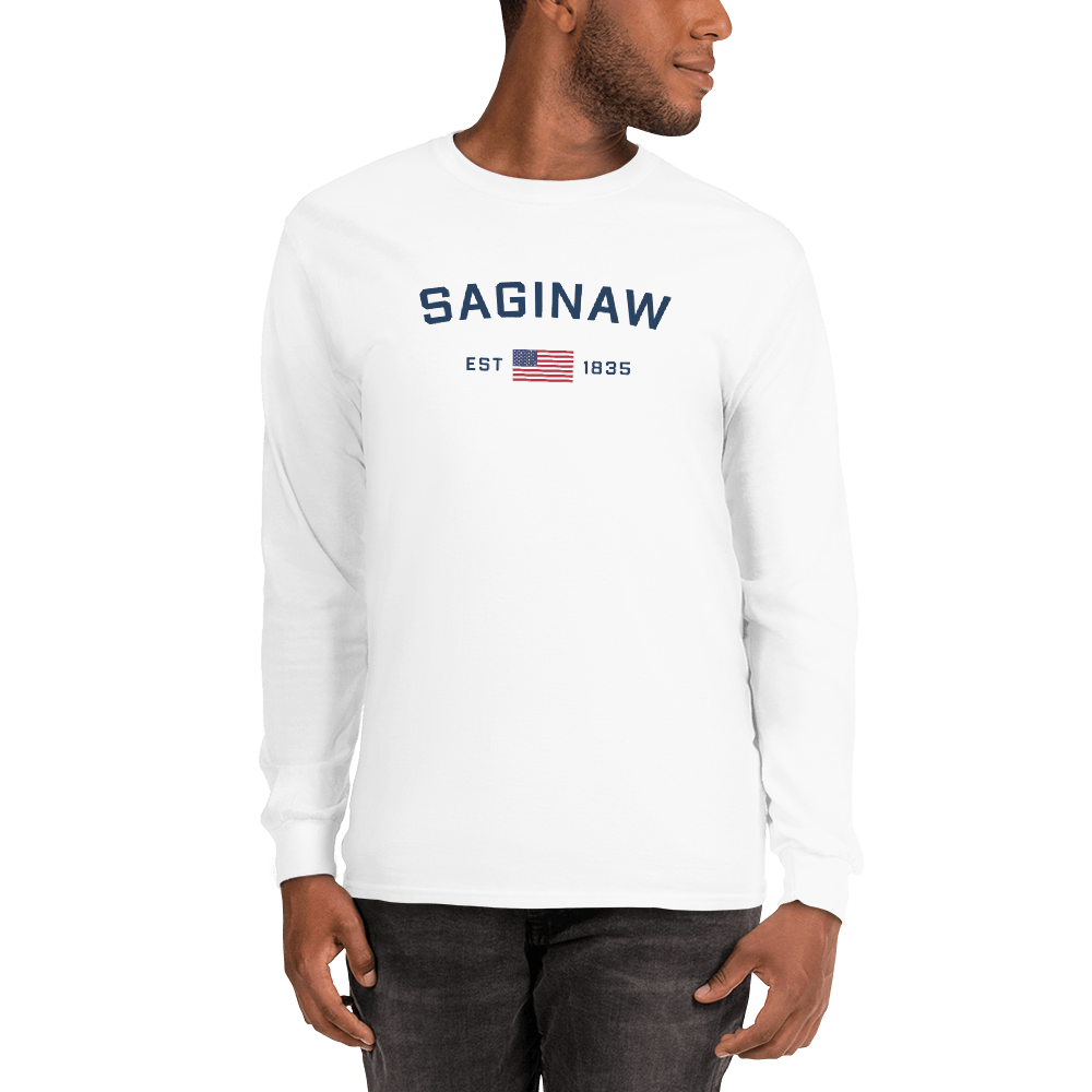 'Saginaw EST 1835' T-Shirt (w/USA Flag Outline) | Unisex Long Sleeve - Circumspice Michigan