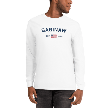 'Saginaw EST 1835' T-Shirt (w/USA Flag Outline) | Unisex Long Sleeve - Circumspice Michigan