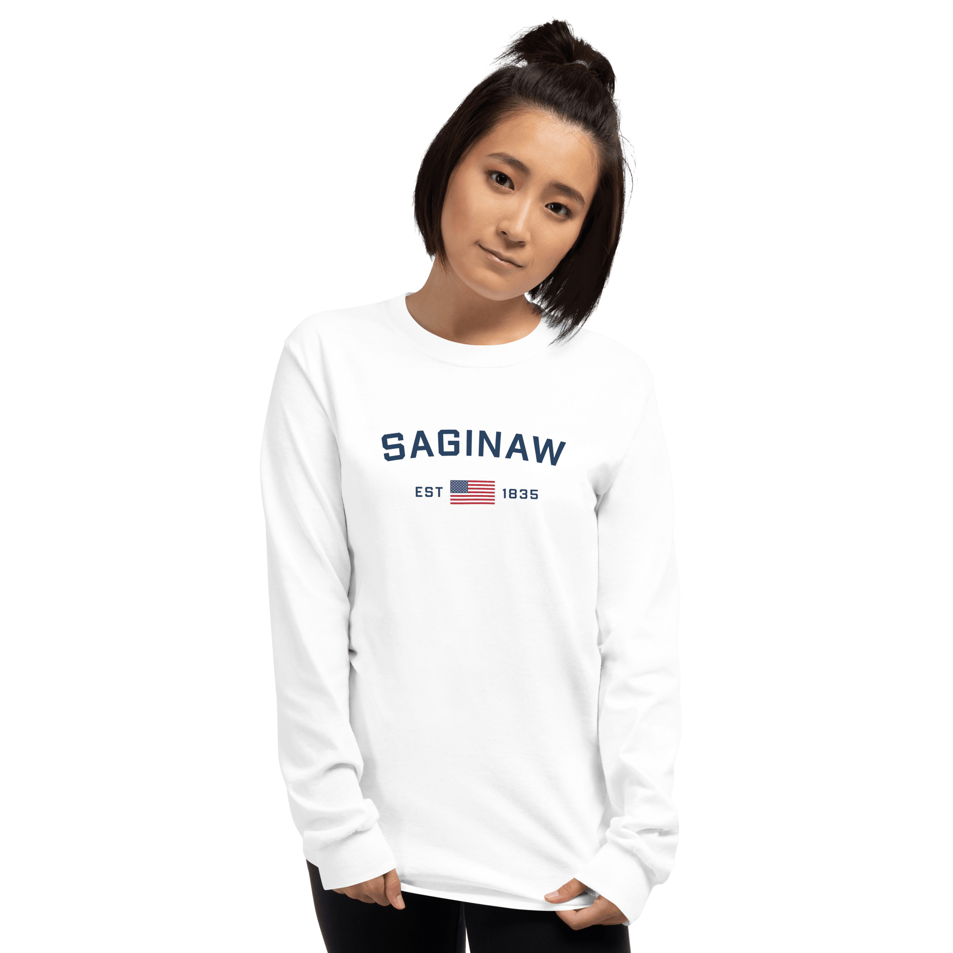 'Saginaw EST 1835' T-Shirt (w/USA Flag Outline) | Unisex Long Sleeve - Circumspice Michigan