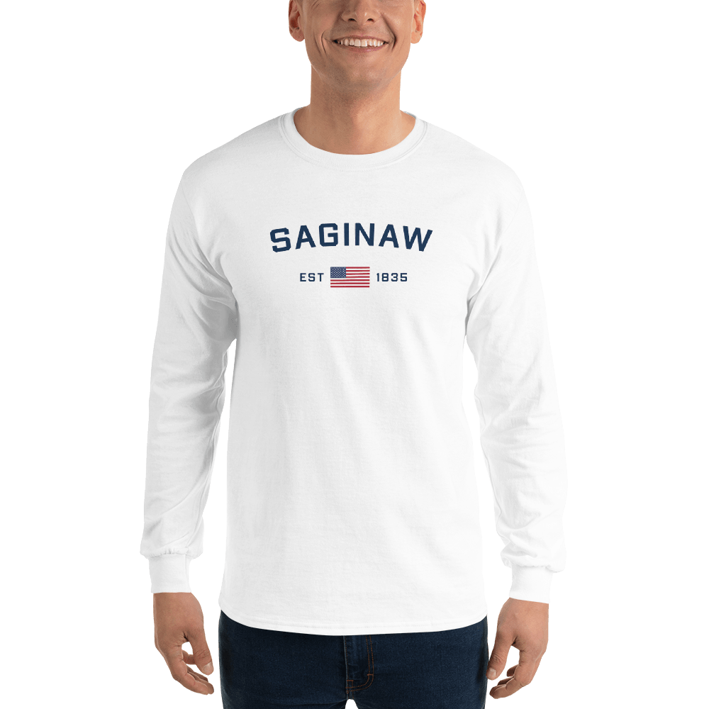 'Saginaw EST 1835' T-Shirt (w/USA Flag Outline) | Unisex Long Sleeve - Circumspice Michigan