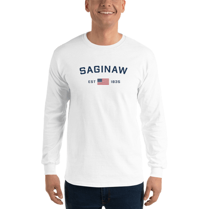 'Saginaw EST 1835' T-Shirt (w/USA Flag Outline) | Unisex Long Sleeve - Circumspice Michigan