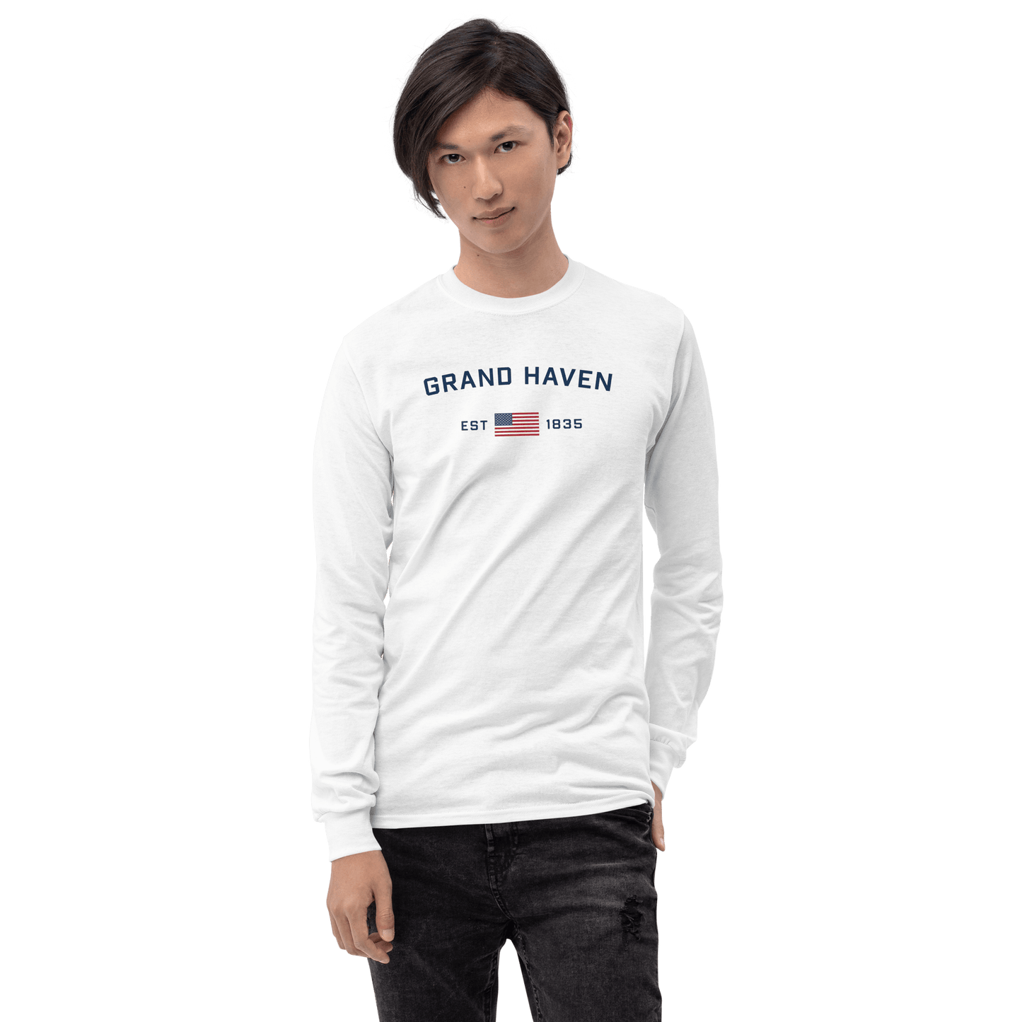 'Grand Haven EST 1835' T-Shirt (w/USA Flag Outline) | Unisex Long Sleeve - Circumspice Michigan