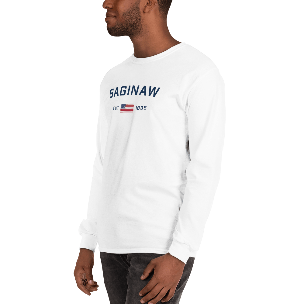 'Saginaw EST 1835' T-Shirt (w/USA Flag Outline) | Unisex Long Sleeve - Circumspice Michigan