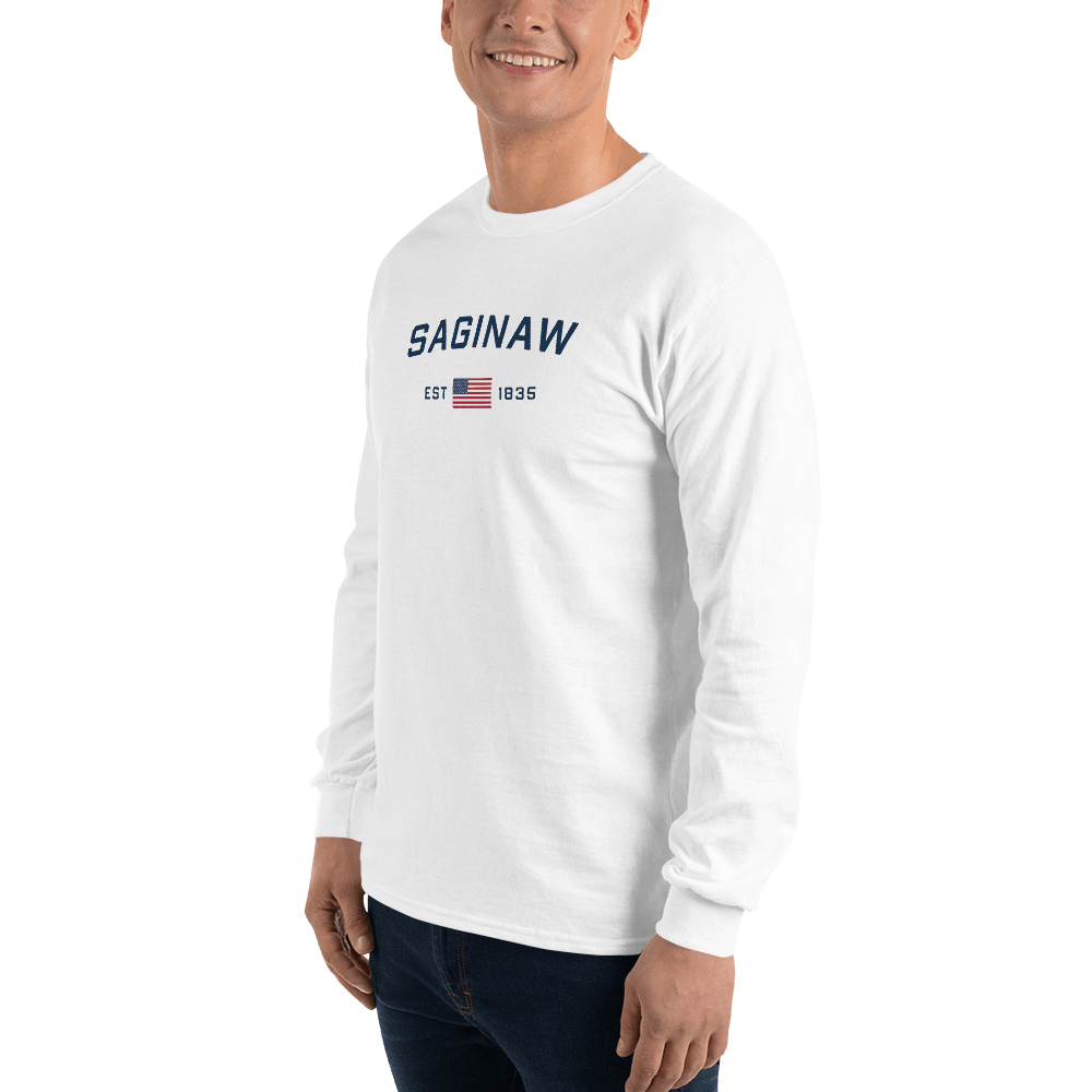 'Saginaw EST 1835' T-Shirt (w/USA Flag Outline) | Unisex Long Sleeve - Circumspice Michigan