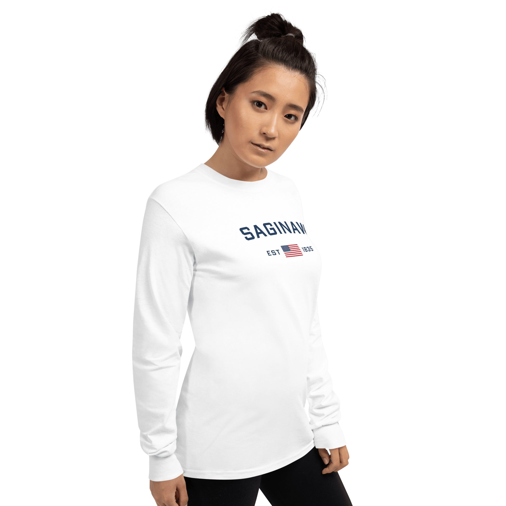 'Saginaw EST 1835' T-Shirt (w/USA Flag Outline) | Unisex Long Sleeve - Circumspice Michigan