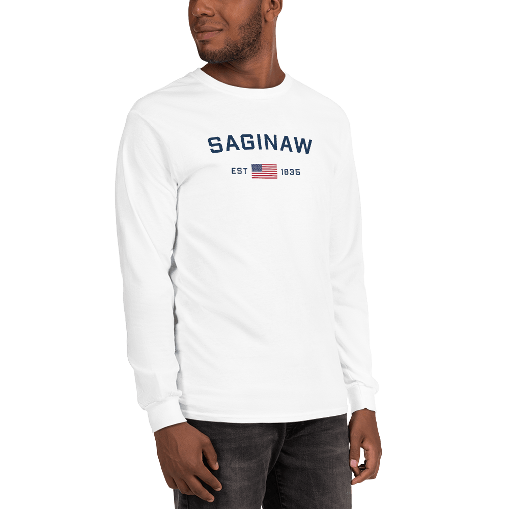 'Saginaw EST 1835' T-Shirt (w/USA Flag Outline) | Unisex Long Sleeve - Circumspice Michigan