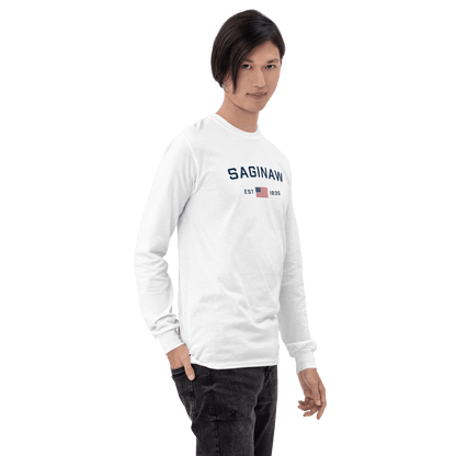 'Saginaw EST 1835' T-Shirt (w/USA Flag Outline) | Unisex Long Sleeve - Circumspice Michigan