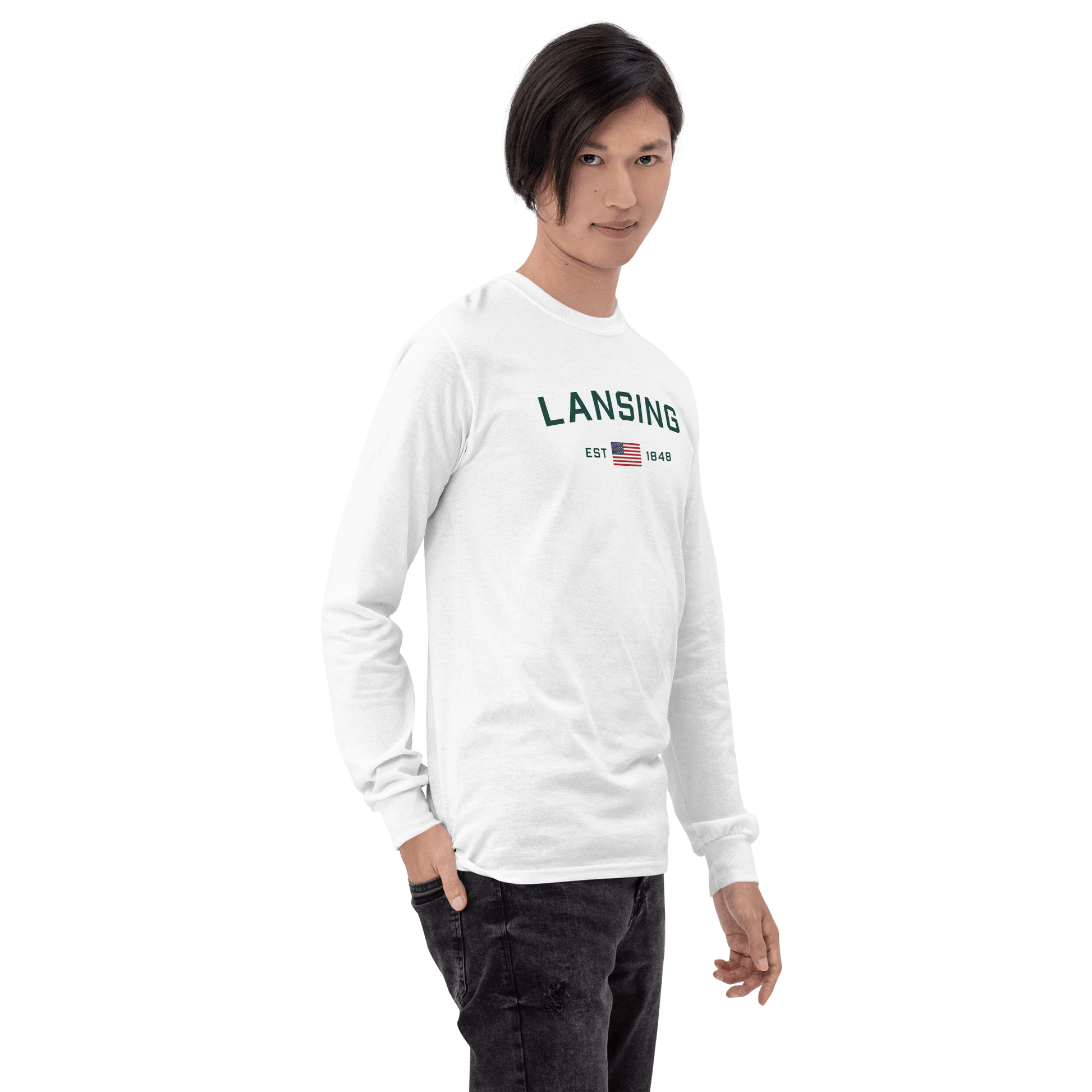 'Lansing EST 1848' T-Shirt (w/USA Flag Outline) | Unisex Long Sleeve - Circumspice Michigan