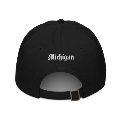 Michigan Old English 'M' Classic Baseball Cap (w/ 'Michigan' Back Design) | White/Navy Embroidery