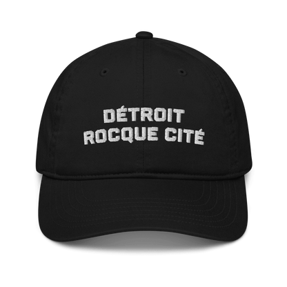 'Détroit Rocque Cité' Baseball Cap (Athletic Font) | White/Black Embroidery - Circumspice Michigan