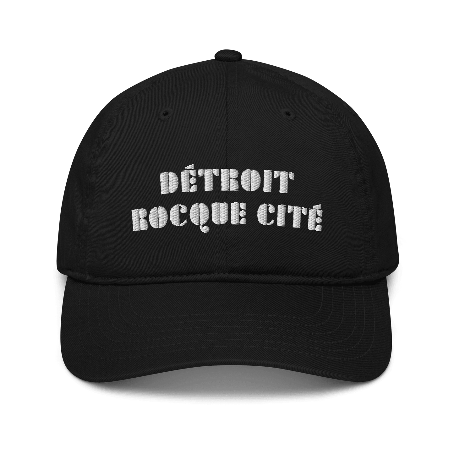 'Detroit Rocque Cité' Baseball Cap (Art Deco Font) | White/Navy Embroidery - Circumspice Michigan