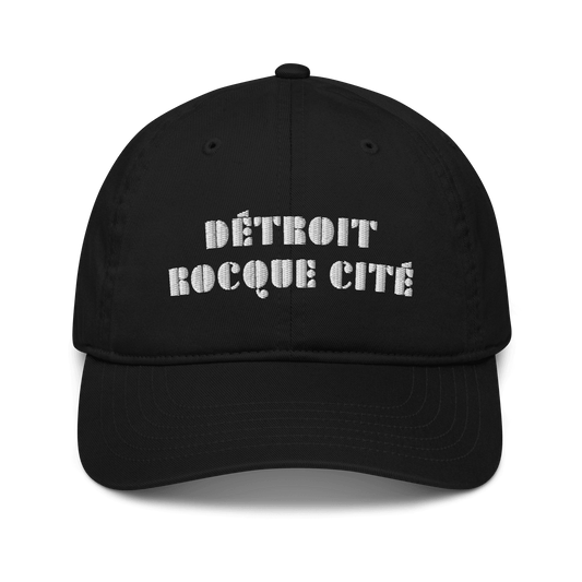 'Detroit Rocque Cité' Baseball Cap (Art Deco Font) | White/Navy Embroidery - Circumspice Michigan