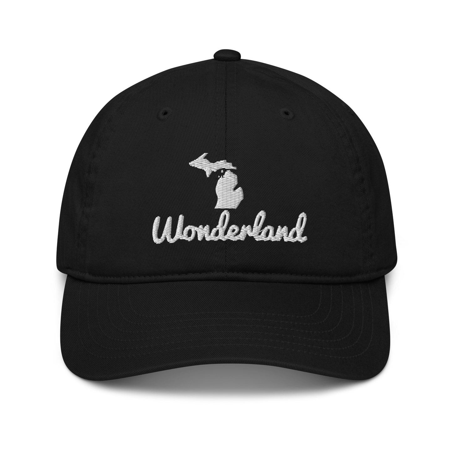 Michigan 'Wonderland' Classic Baseball Cap (Script Font w/ Mi Outline) | White/Navy Embroidery