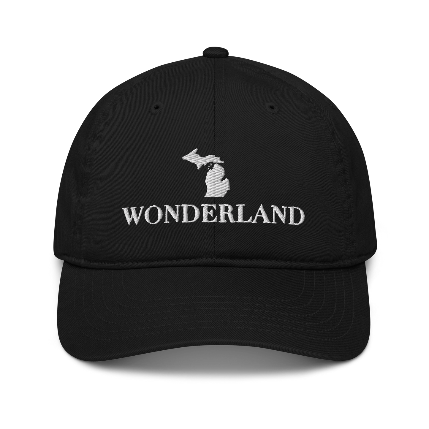 Michigan 'Wonderland' Classic Baseball Cap (Didone Font w/ MI Outline) | White/Navy Embroidery